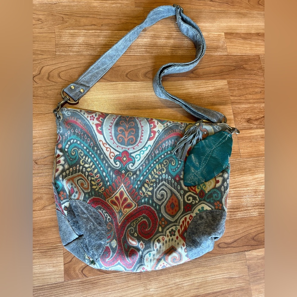 Slouchy Hobo w/‎ Gray Leather, Feather & Crossbody Strap Mitzi's Pretties